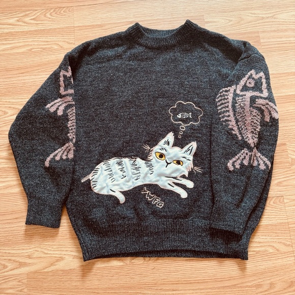 YWFT Cat Kitten Fish Skeleton Sardine Novelty Grey knit crewneck sweater M - Picture 1 of 9